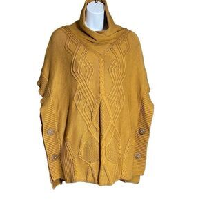 Pure Knits Women's Cowl Neck Cable Knit Poncho sweater Mustard Size Small